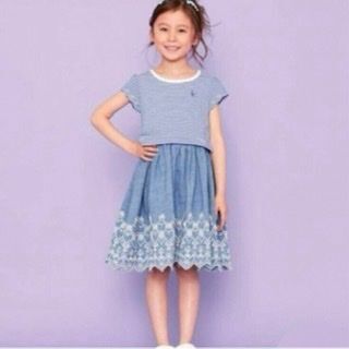 KUMIKYOKU KIDS 組曲 ボーダー×シャンブレー刺繍ワンピース 130 半袖 後リボン