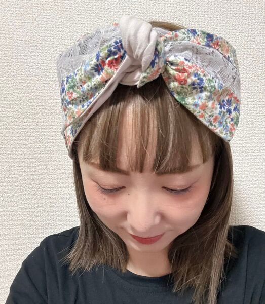 ワイヤー入りターバン 花柄レース切替
