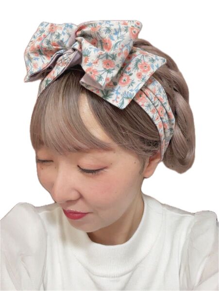 ワイヤー入りターバン グレー花柄
