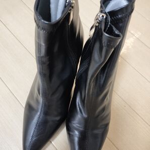 ショートブーツ ヒールブーツ ハイヒール ピンヒール 黒 フェイクレザーブーツ 靴 レディース L 24.5 無地 シンプル