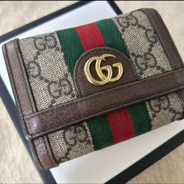 美品 GUCCI オフィディア 三つ折り コンパクトウォレット GGパターン