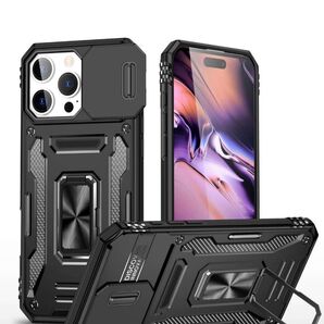 iPhone 16 Proケース アイフォン16プロ全方位保護 リング付き スライドカメラプロテクター 耐衝撃 ブラック