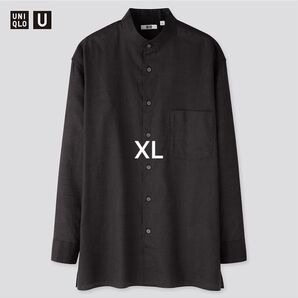 美品 XL UNIQLO U コットンリネンスタンドカラーシャツ BLACK ユニクロユー