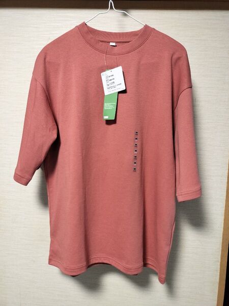 新品 メンズ 半袖 クルーネック 五分袖 Tシャツ トップバリュ サーモンピンク 接触冷感 UV 吸汗速乾