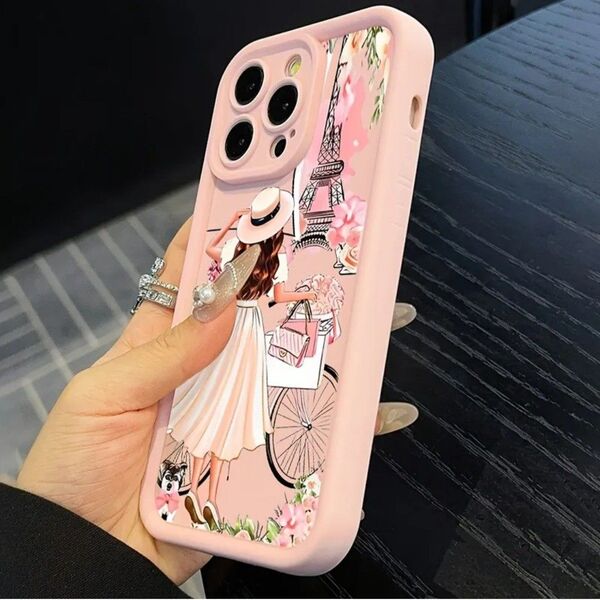 iPhone15proケース ピンク エッフェル塔 花柄