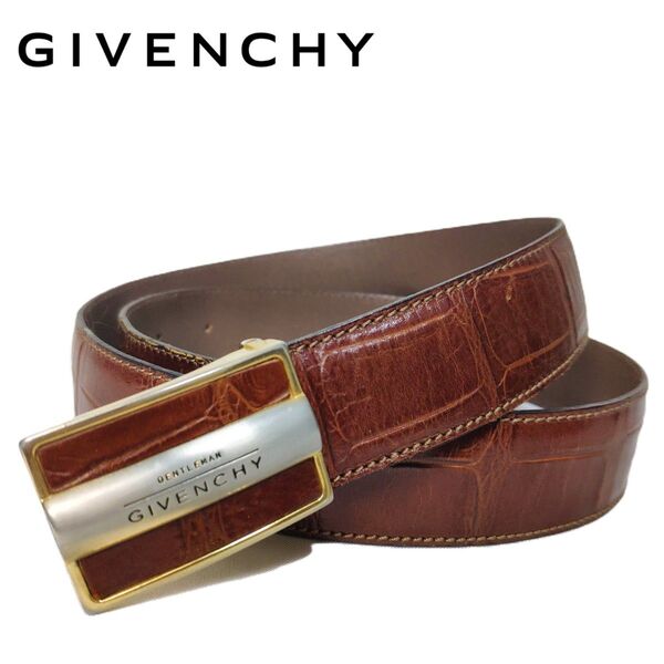 GIVENCHY ジバンシー レザーベルト 金具 クロコ 型押し ブラウン 茶 レザー メンズ レディース ユニセックス ベルト