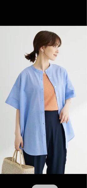 最終お値下げショコラフィネローブ綿麻混バンドカラーシャツチュニック