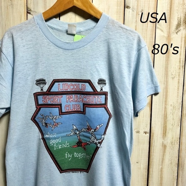 T⑪ 米買付 80's 1982's プリントＴシャツ M 水色 アメリカ古着・ヴィンテージ・USA