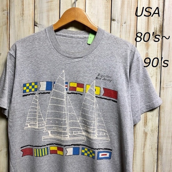 T●122 米買付 80's～90's ヨット Tシャツ M～Lぐらい ライトグレー アメリカ古着・ヴィンテージ オールドＴシャツ