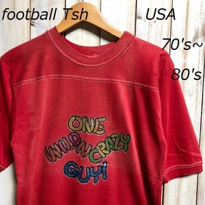 T●147 USA古着 USA製 70's～80's ラメプリント フットボールＴシャツ CALCRU XL(S～Mぐらい） ヴィンテージＴシャツ・アメリカ古着