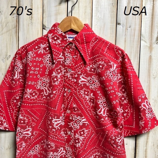 sh●48 米買付 USA製 70's バンダナ生地コットンシャツ 5分袖 S～Mぐらい ヴィンテージ・アメリカ古着