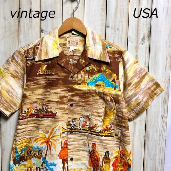 sh●71 ハワイ製 70's Polynesian Bazaar コットンアロハシャツ M～Lぐらい ヴィンテージ アメリカ古着 USA製