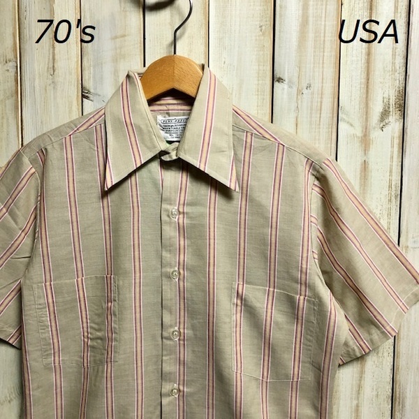 sh●87 米買付 70's ストライプ シャツ 14 (Mぐらい) ヴィンテージ アメリカ古着 アースカラー