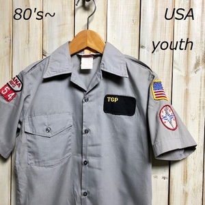 sh●98 米買付 80's～ AWANA ワッペン付き ワークシャツ youth 10 ヴィンテージ アメリカ古着