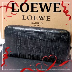 【美品】LOEWE ロエベ 長財布 ラウンドジップウォレット リネン アナグラム カーフレザー /ブラックA