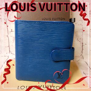 【美品】LOUIS VUITTON ルイヴィトン 二つ折り財布 エピ ポルトビエ コンパクト レザー 本革/ブルー 青B