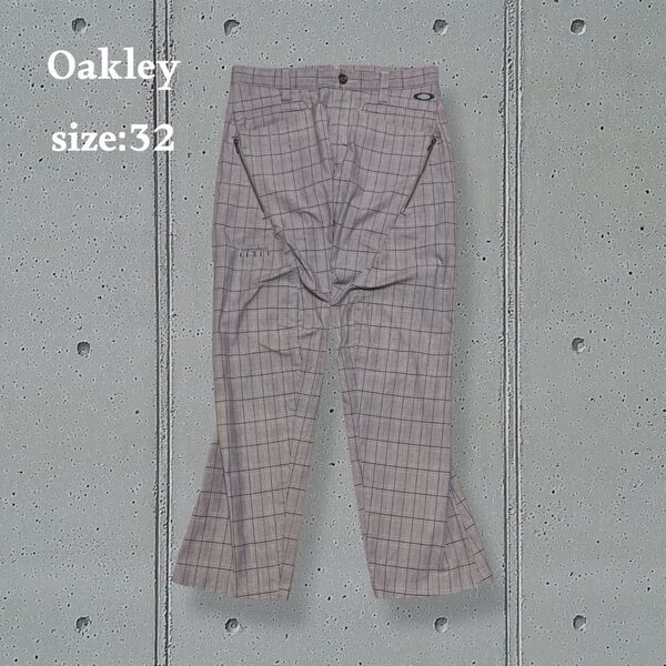 オークリー フレアパンツ グレンチェック柄 スカルロゴ ストレッチ ゴルフパンツ 伸縮性 グレー Oakley ゴルフウェア
