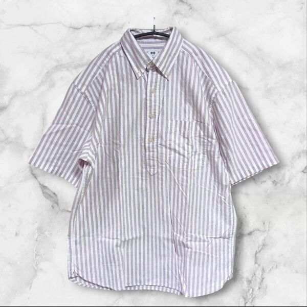 ユニクロ UNIQLO 半袖コットンシャツ ボタンダウン ストライプ オーバーサイズ 綿100% レギュラーカラー ハーフボタン