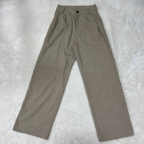 タック入りストレートワイドパンツ 総柄チェック ベージュ 茶系