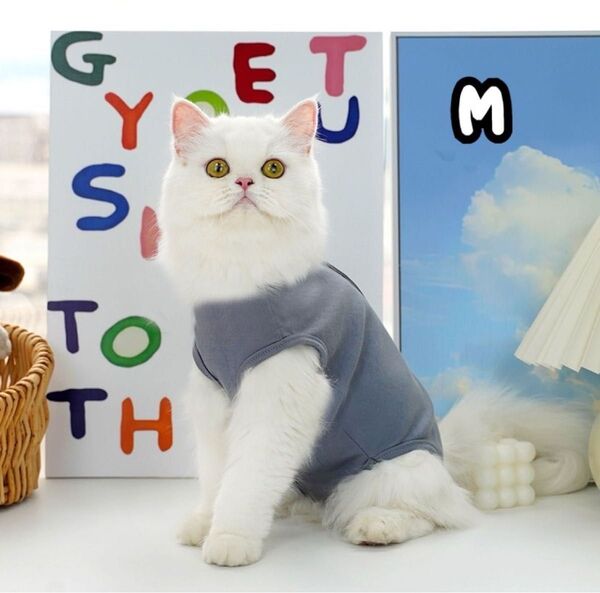 【新品】術後服 猫 術後ウェア 小型犬 術後 避妊 皮膚 保護 通気性 無地 シンプル グレー XS S M