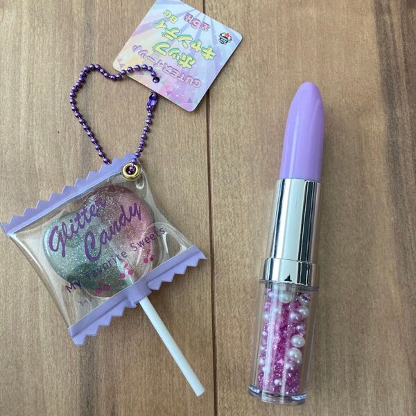 【新品未使用】CUTEスイーツ♪ポップキャンディBCキーホルダー、リップ型ボールペン2点セット
