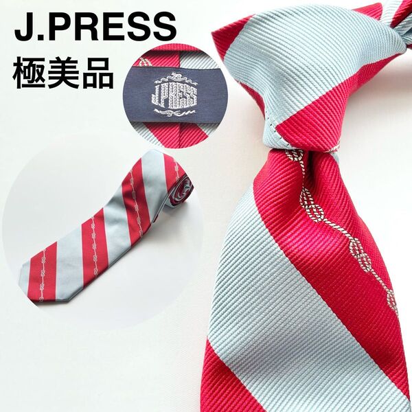 美品 未使用に近い ジェイプレス(J.PRESS) ストライプ ハンドメイド メンズ シルク レギュラー ネクタイ グレー レッド