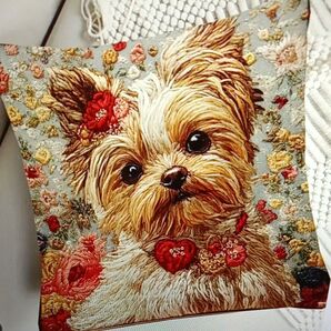クッションカバー 犬 ヨークシャテリア 45*45 刺繍風 かわいい