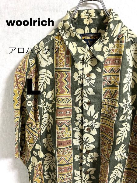 WOOLRICH アロハシャツ L グリーン 幾何学 ハイビスカス エジプト 総柄 レトロ 古着 花柄 ヴィンテージ ボタニカル