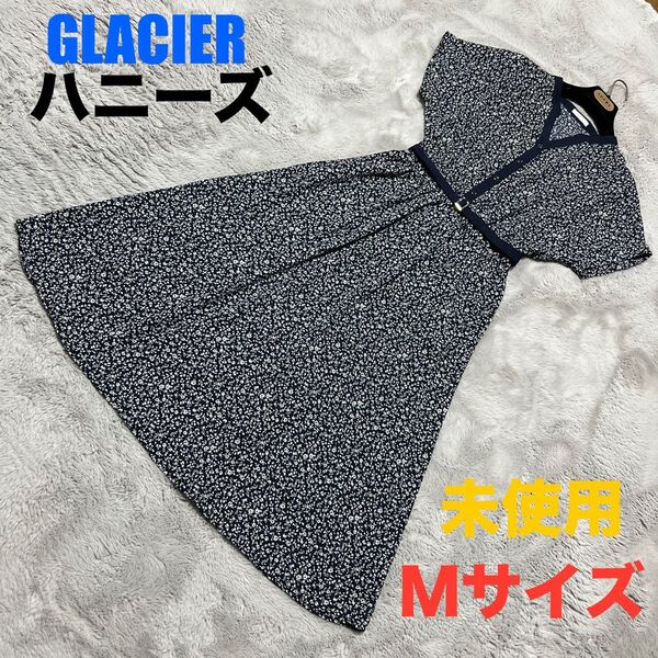 ★未使用★GLACIER 落ち着いた雰囲気の紺色地に小花模様のワンピース Mサイズ ウエストゴム内蔵