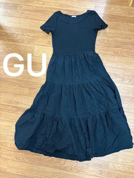 GU リブ切り替えワンピース ロング ティアードワンピース M 半袖