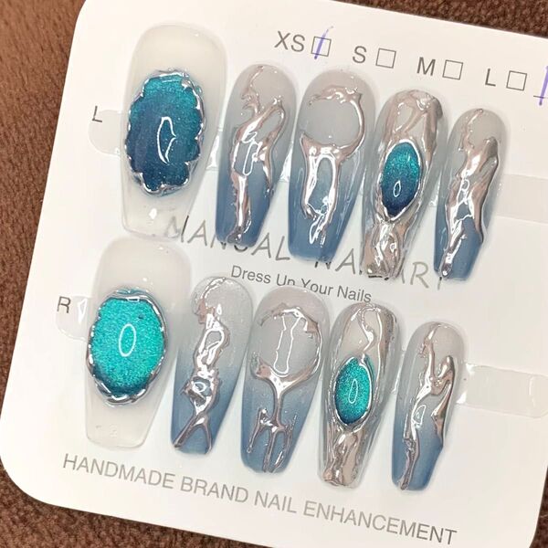 272 現品ネイルチップ XSサイズ 親指長さ25mm ハンドメイド ミラーマグネットストーンブルー量産型ギャルサブカル推しy2k
