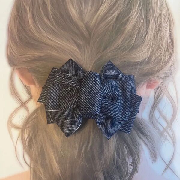 【ハンドメイド】デニム風リボンバレッタ☆ヘアアクセサリー220