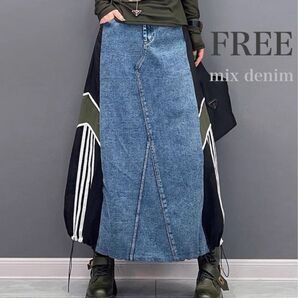 デニムスカート サイドライン バルーン ストリート スポーツカジュアルMIX