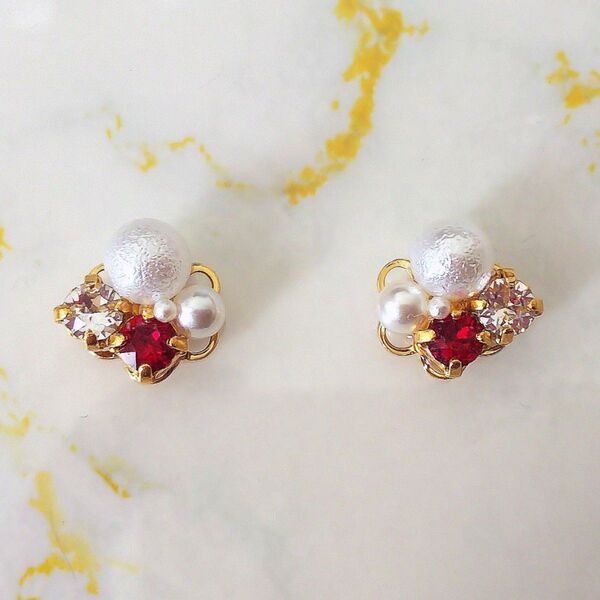 パール ビジュー ホワイト×レッド ピアス イヤリング