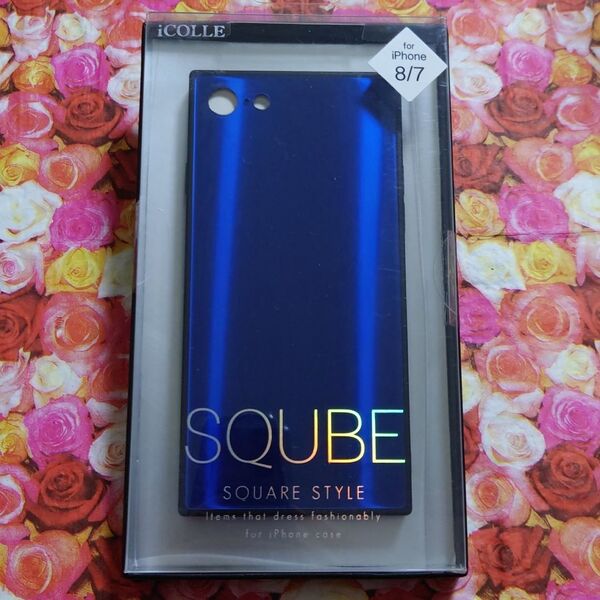 iPhone8 iPhone7 iPhoneSE ハードケース スクエアスタイル ガラス素材 メタルカラー オーロラブルー