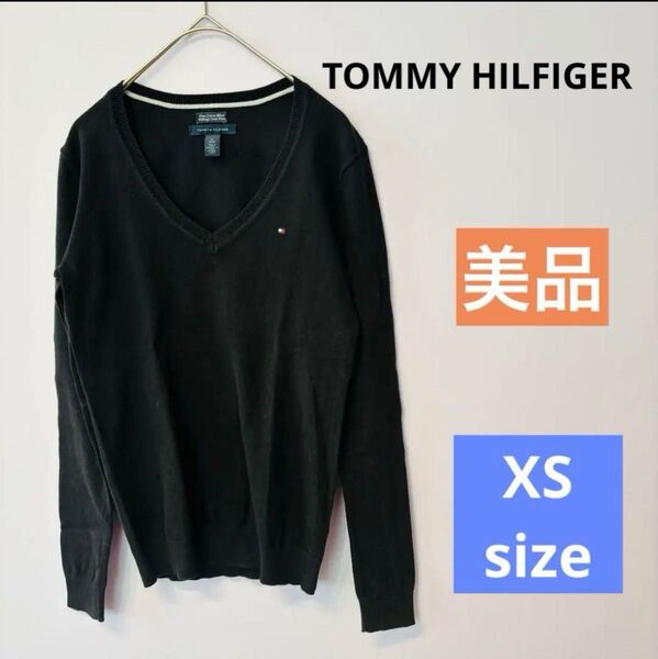【美品】トミーフィルガー★ブラック 長袖 ニット Vネック 刺繍 ワンポイント トップス 黒 TOMMY HILFIGER