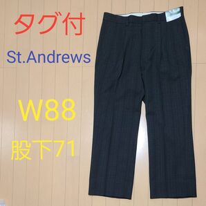 タグ付 St.Andrews セントアンドリュース メンズ スラックス W88 股下71 グリーンチェック柄 GOLF 春秋