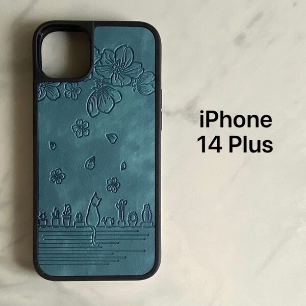 iPhone 14 Plus ケース TPU ソフトケース さくらと子猫のパターン 緑 グリーン