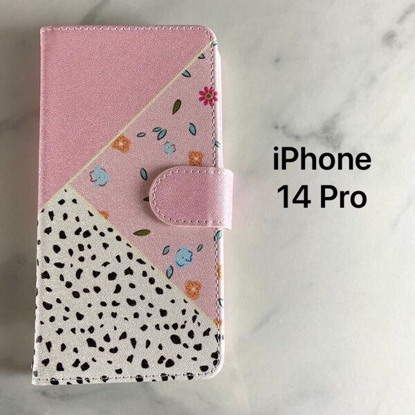 iPhone 14 Pro ケース 手帳型 ストラップ付 マグネット式 横置きスタンド機能付 ピンク