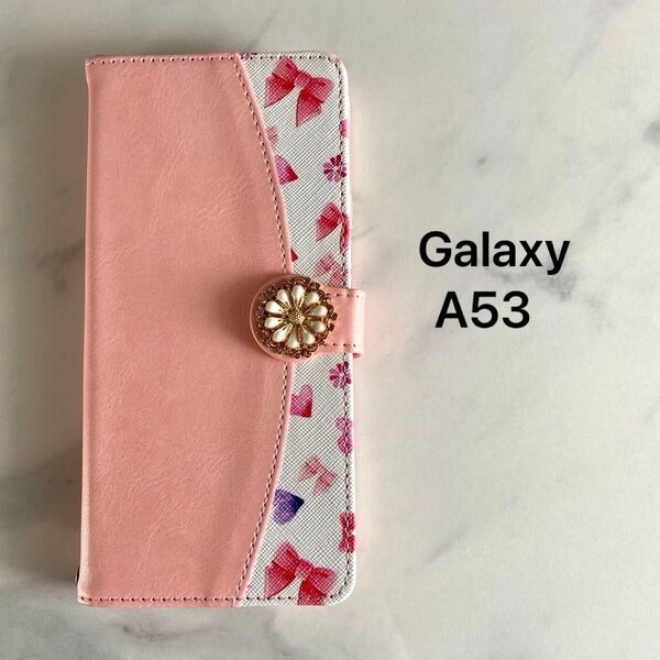 Galaxy A53 5G SCG15 SC-53C ケース手帳型 マグネット ストラップ付 カード収納 横置きスタンド リボン