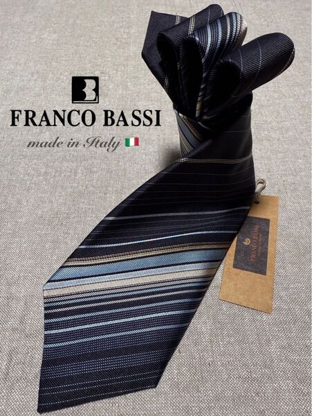 【新品】FRANCO BASSI/フランコバッシ/パネルストライプ/ブラック×ライトブルー×ゴールド