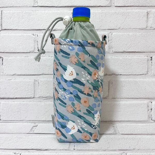 ハンドメイド 保冷保温ペットボトルカバー ペットボトルホルダー 水筒カバー ボトルカバー くすみカラー 花柄 ブルーグレー