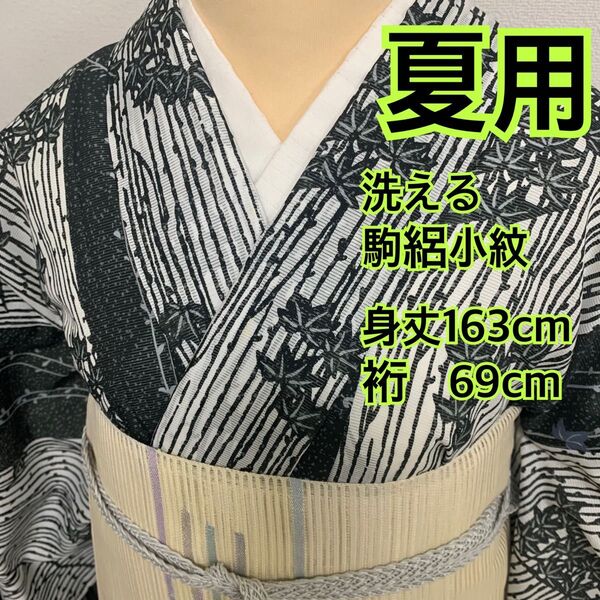478◆着物通好み◆夏用 洗える 駒絽小紋 縞に楓模様