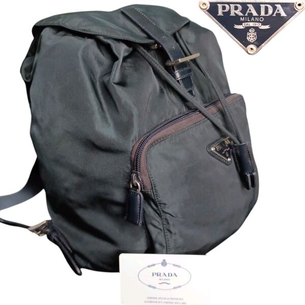 PRADA プラダ POCONO ポコノ 三角ロゴ シルバー金具 バックパック リュック サック シルバー金具 本革 カーキ 濃緑