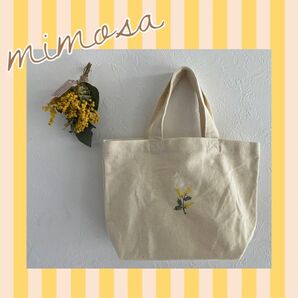 トートバッグ キャンバス ミモザ刺繍 ハンドメイドお弁当バッグ