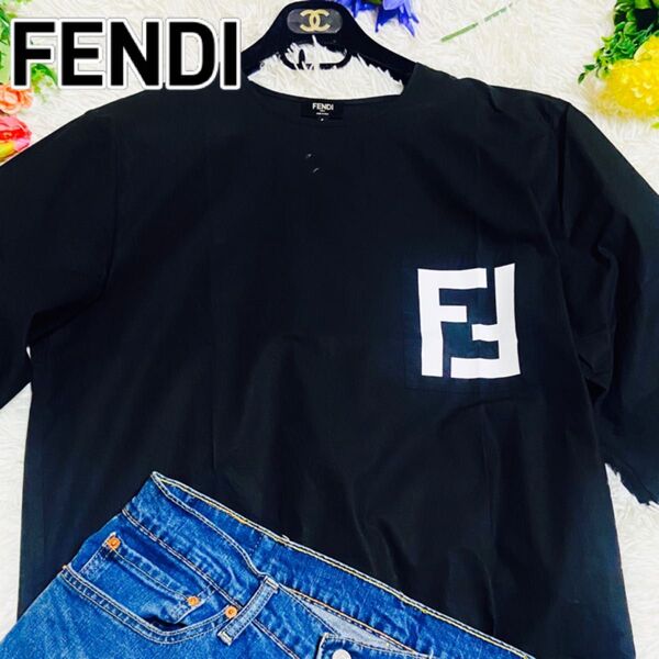 レア●FENDI●フェンディ●Tシャツ●ズッカ柄●メンズ●ブラック●ラグラン●オーバーサイズ●イタリア製●FF●胸ポケット●