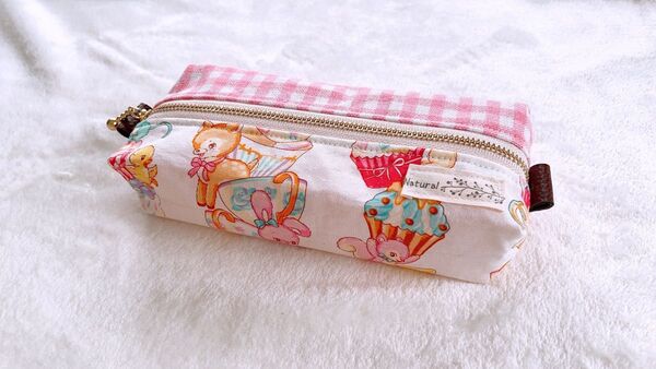 筆箱 ペンケース ペンポーチ 動物 ピンク チェック ハンドメイド