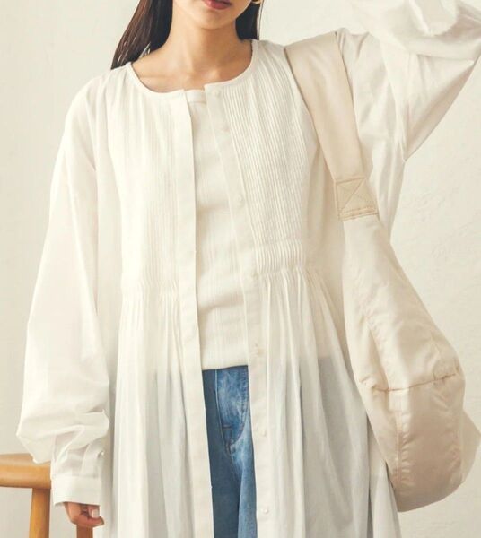 新品 タグ付き ピンタック シャツワンピース ふわっと柔らか コットン 前開き 薄手 羽織