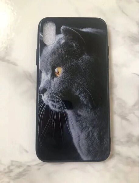 可愛いねこちゃん♪薄型背面9Hガラスケース iPhoneX/Xs 黒猫