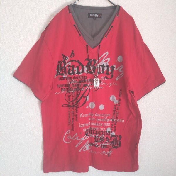 バッドボーイ 英字プリントTシャツ 金具 平成ギャル男 グランジ y2k 赤